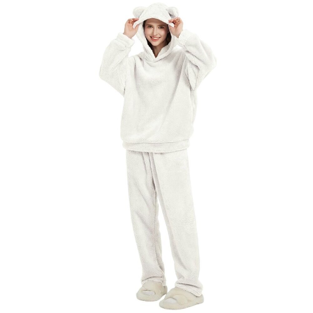 Women's Fuzzy Fleece Pajama Set with Hood & Bear Ears - Cozy Lounge Wear